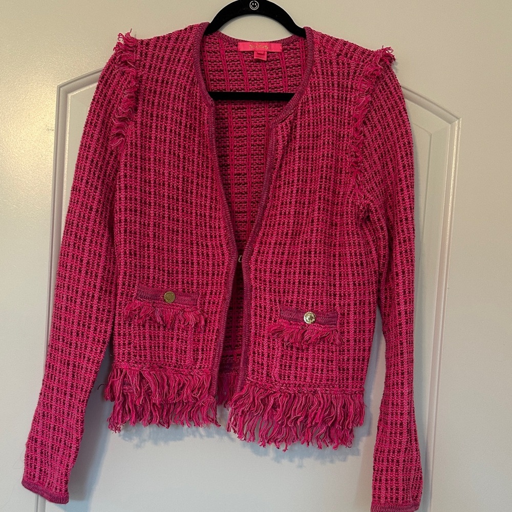 Lilly Pulitzer Pink Tweed-like Fringe Cardigan